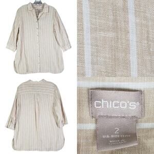Chicos Top Button Up Shirt Women’s Size 2 US L Striped Tan Linen 3/4 Sleeve